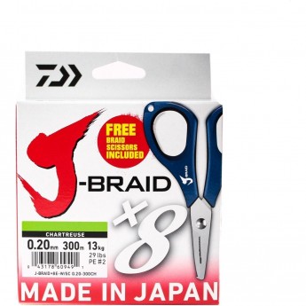 Шнур DAIWA J-Braid X8E-W/SC 0,20мм 300м chartreuse + ножницы